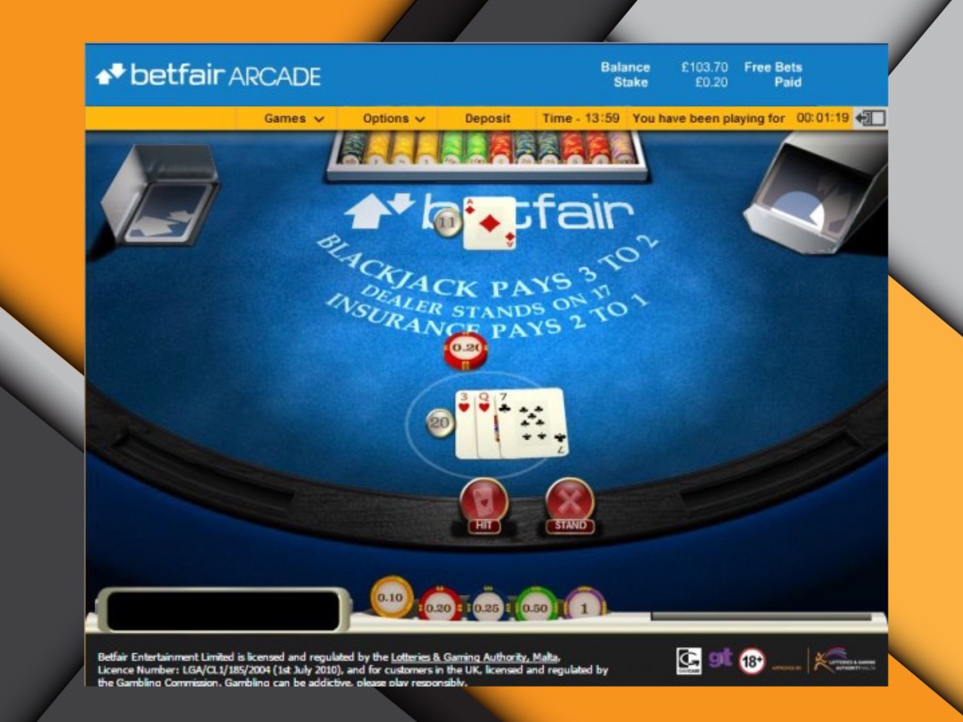 Sign up for Betfair Casino and play blackjack.