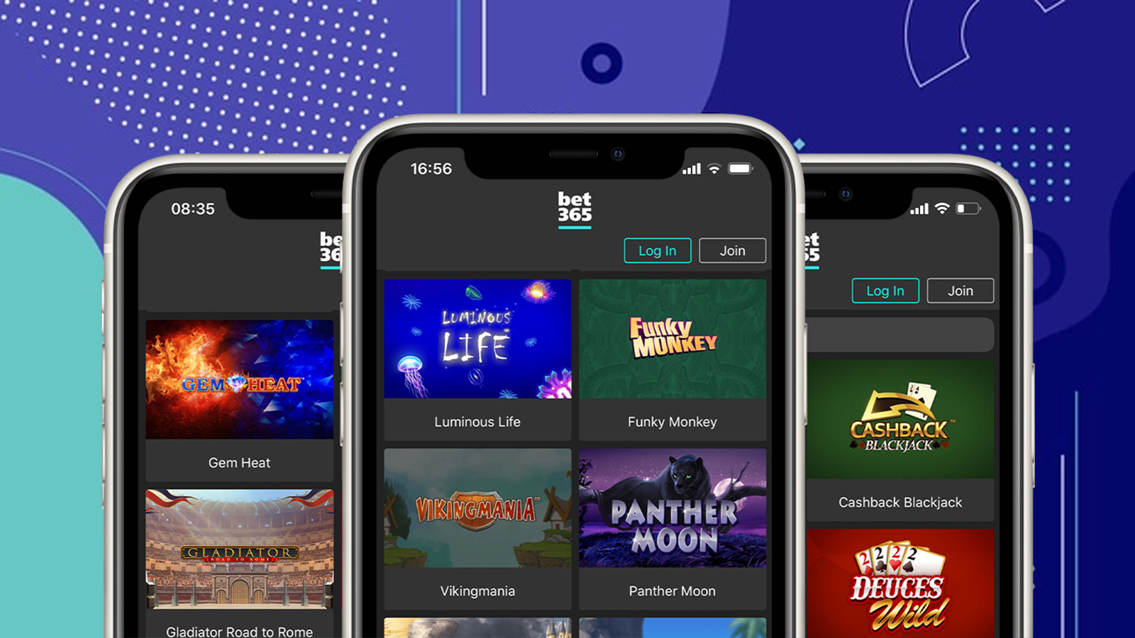 You can play all bet365 casino games in app which available for both iOS and Android