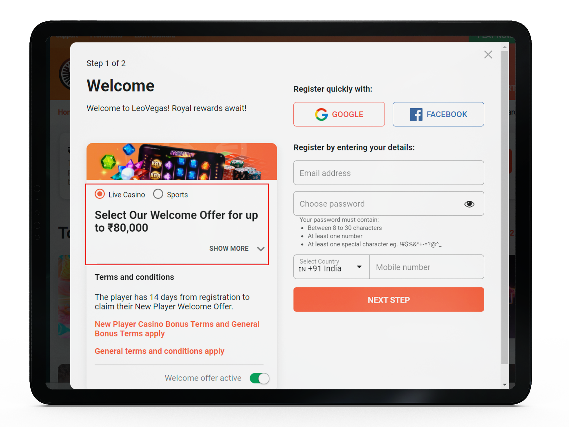 Choose the welcome no deposit bonus after providing personal information.