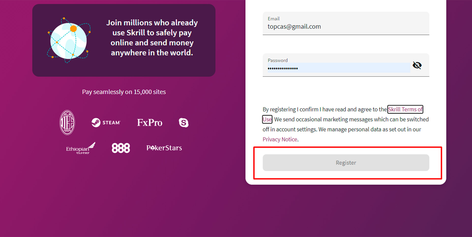 Your registration at Skrill is almost completed.