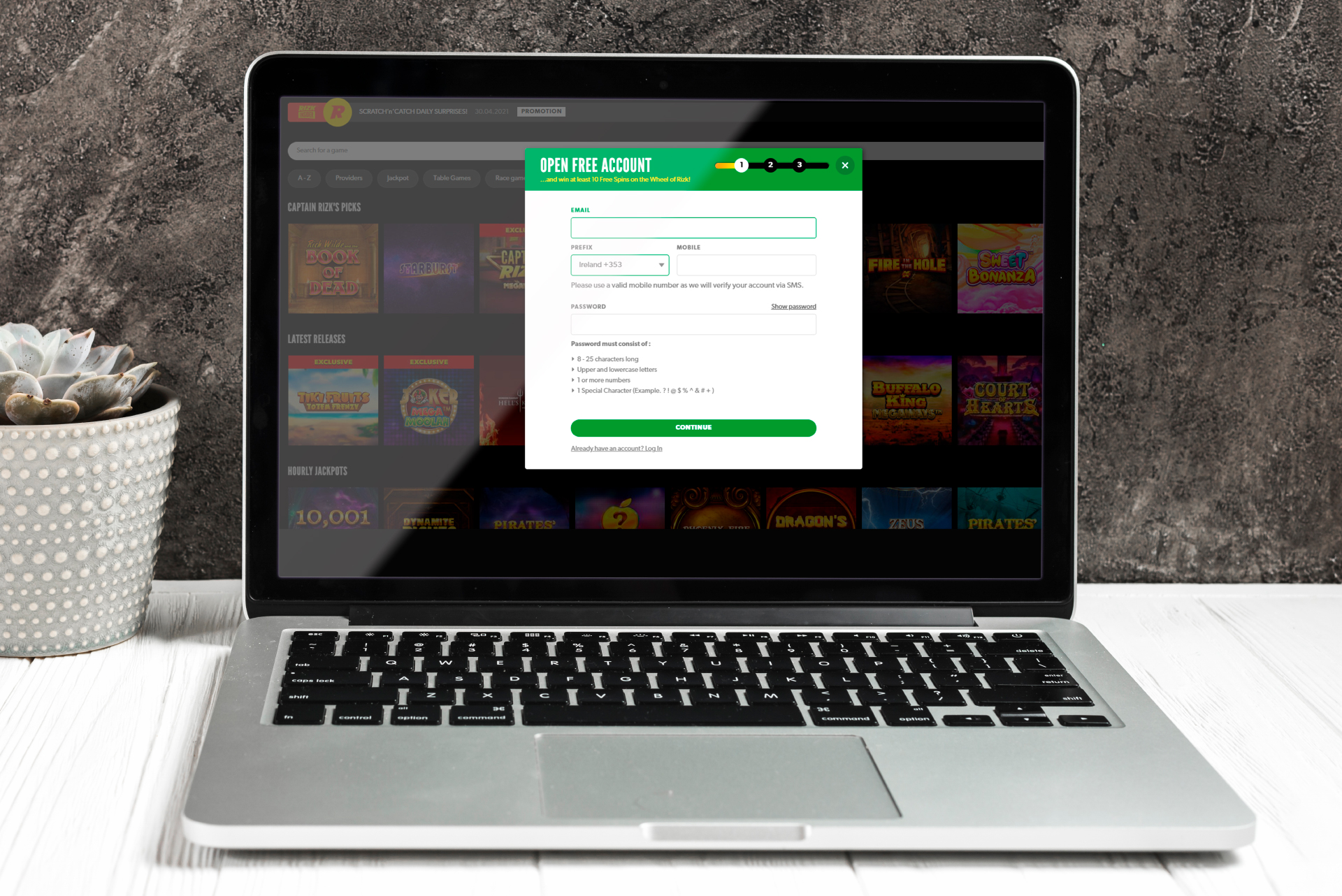 Create an account at Rizk casino.