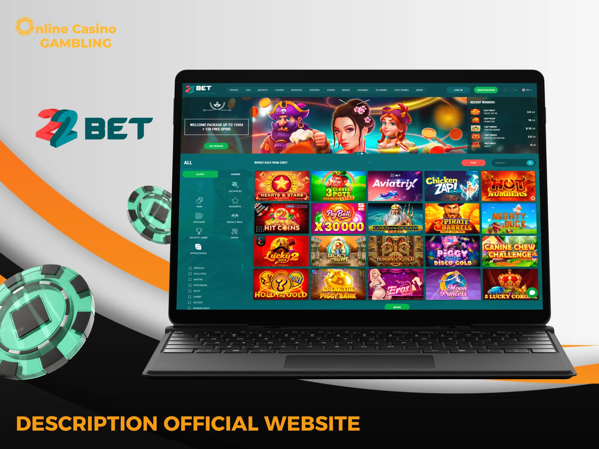 Description of the official website of 22bet Casino.