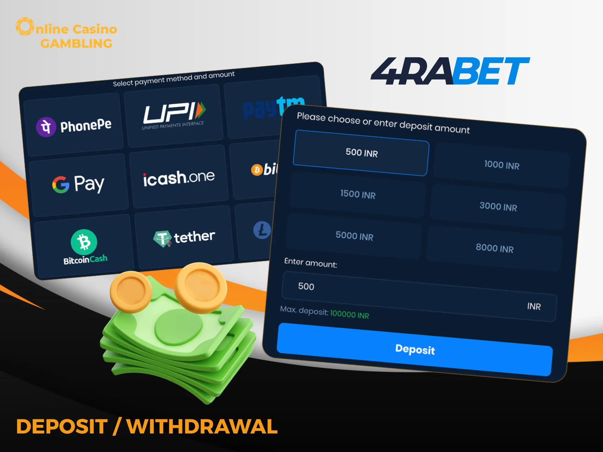Deposit and withdraw safely on 4Rabet India using local and international methods.