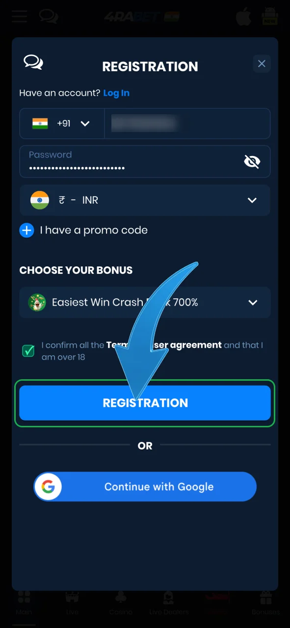 Complete your 4Rabet registration by adding email, phone, and password.