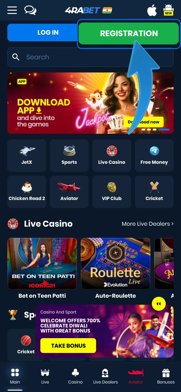 Find the Sign-Up button at the top right corner of the 4Rabet website.