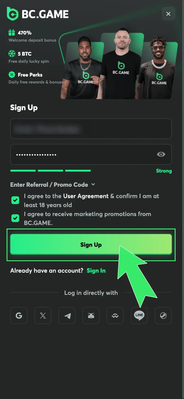 Sign up at BC Game, enter password, and confirm terms.