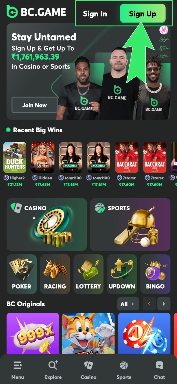 Click Sign Up on BC Game and create your account now.