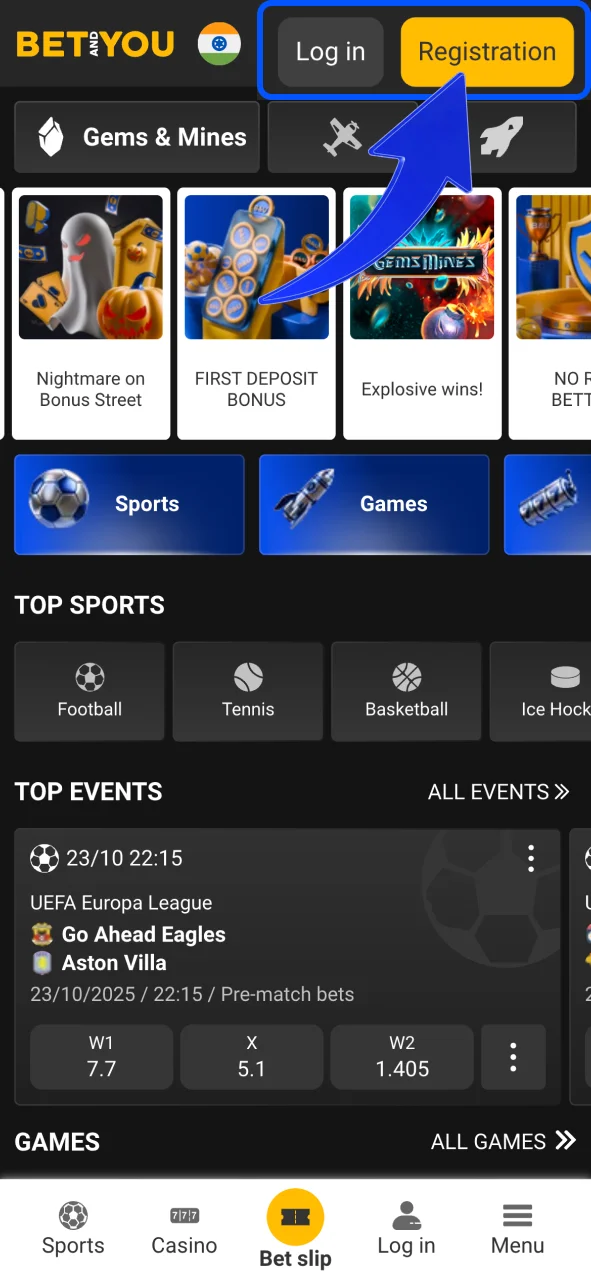 Click the BetAndYou Registration button to start your account and claim bonuses.