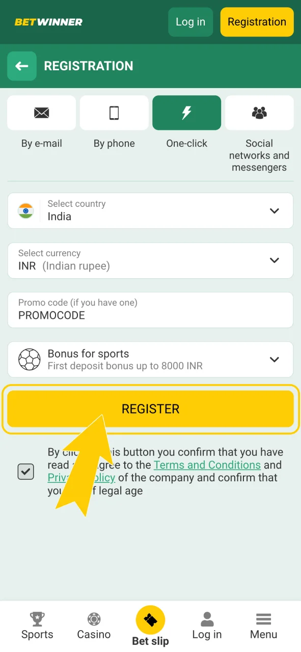 Register on Betwinner, agree to the terms, and verify your number to unlock rewards.