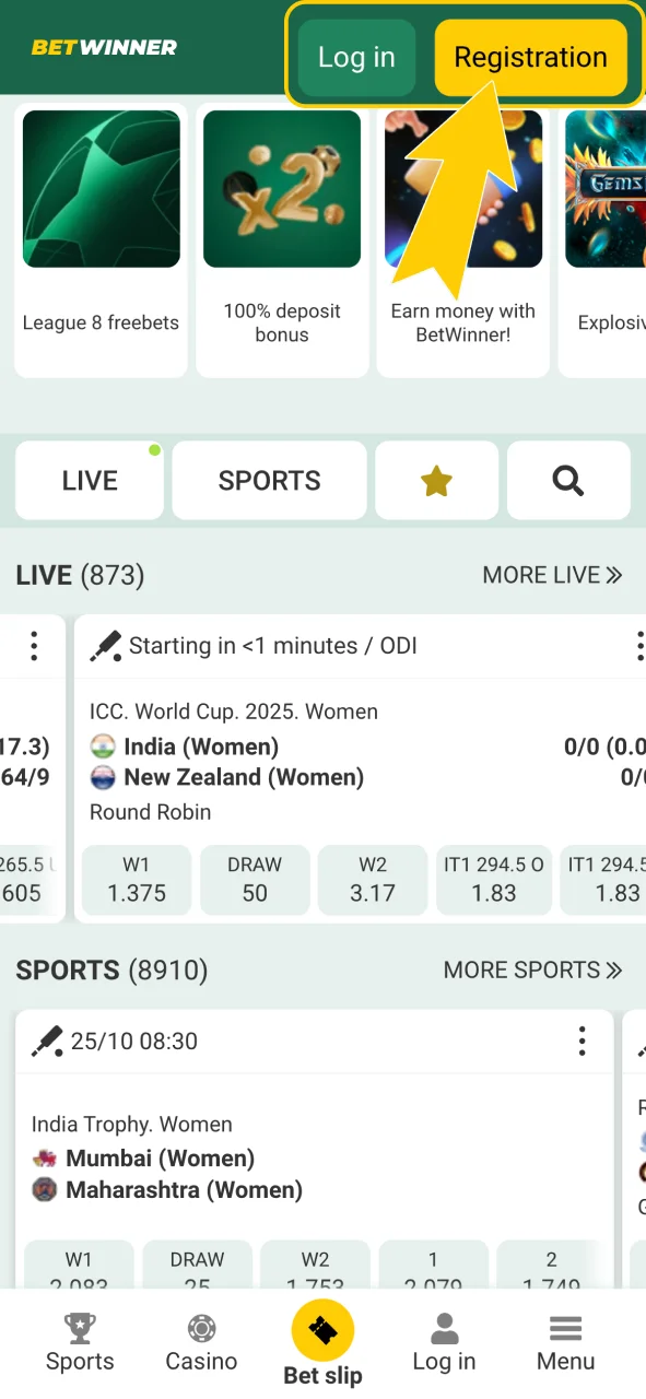 Tap Registration on Betwinner and choose your preferred sign-up option.