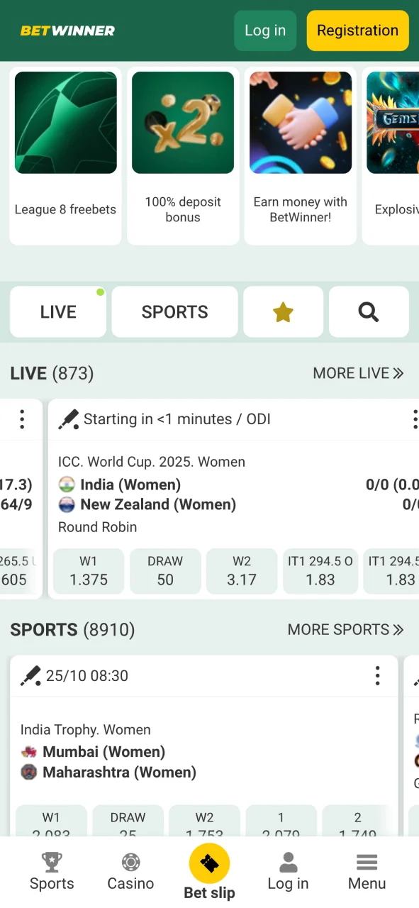 Open Betwinner on desktop or mobile and find the Registration button.