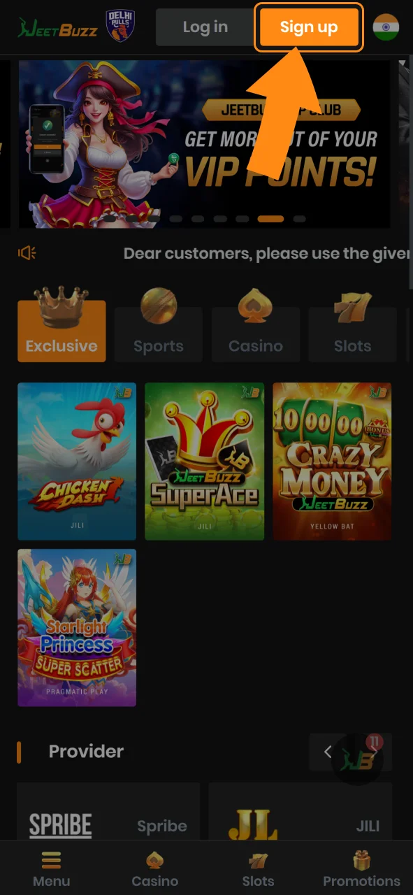 Find the JeetBuzz account creation button.