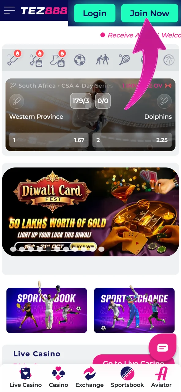 Click Join Now on Tez888 and create your account.