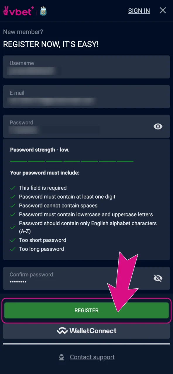 Fill in personal details and click Register to activate your VBet account.
