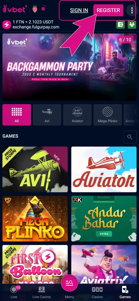 Click Sign Up on VBet and fill in your details to register.